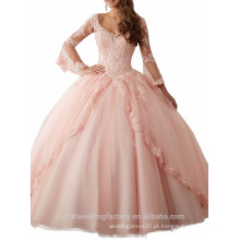 Baby Pink Quinceanera Vestidos Lace manga comprida V-Neck bola de máscaras Sweet 16 Princess Verdade Vestido para meninas barato MP2564